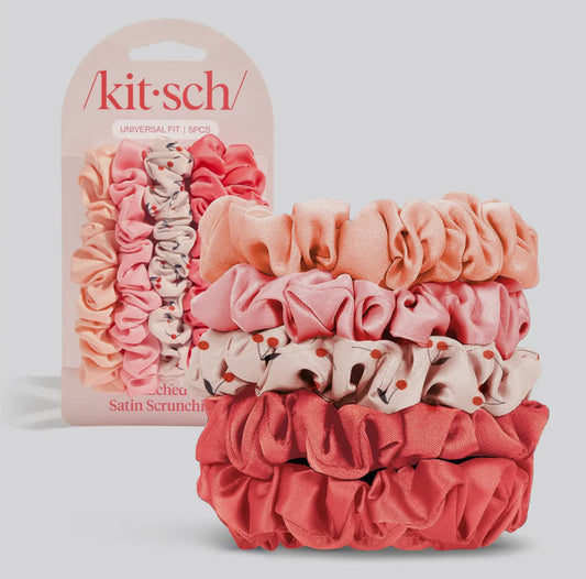 Ruched Satin Scrunchies 5pc Set - Cherry Blossom