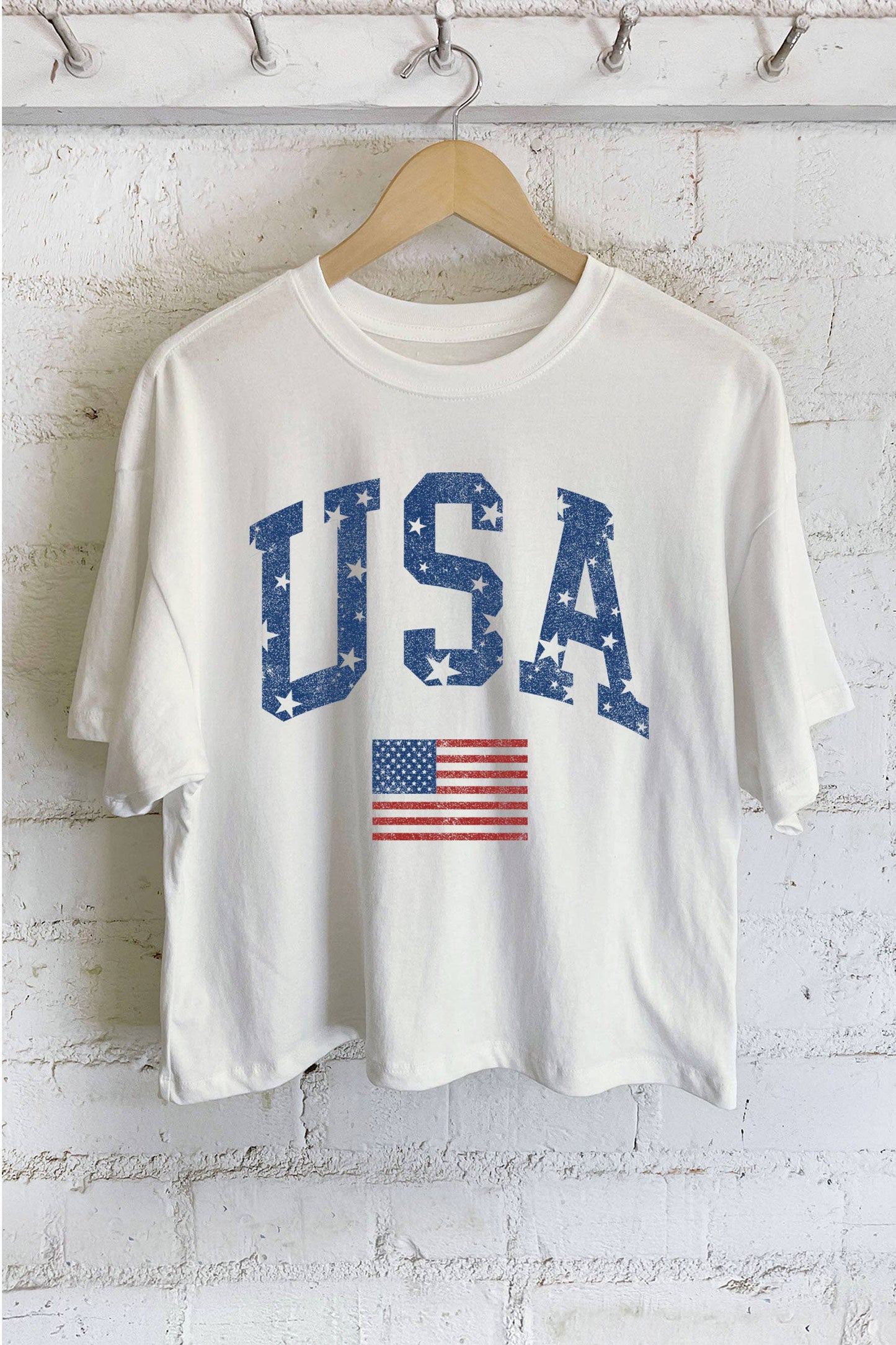 USA FLAG GRAPHIC LONG CROP TOP - NATURAL