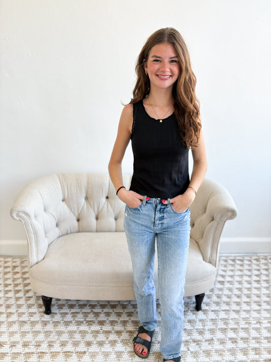 Pointelle Mini Ruffle Tank - Black