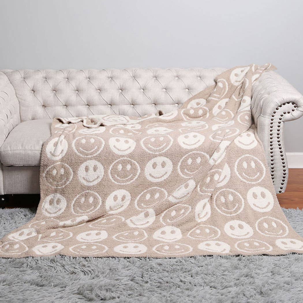 Happy Face Patterned Throw Blanket - Beige