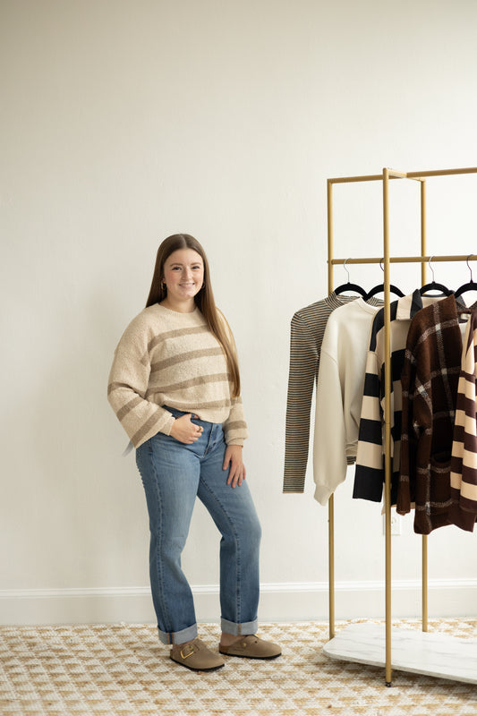 Natural/Mocha Striped Crewneck LS