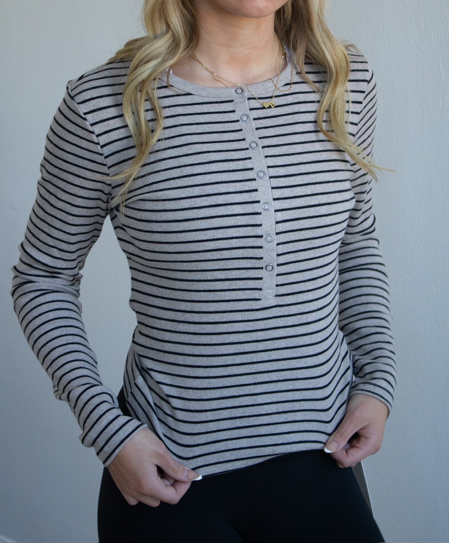 Stella Stripe Henley - Heather Taupe