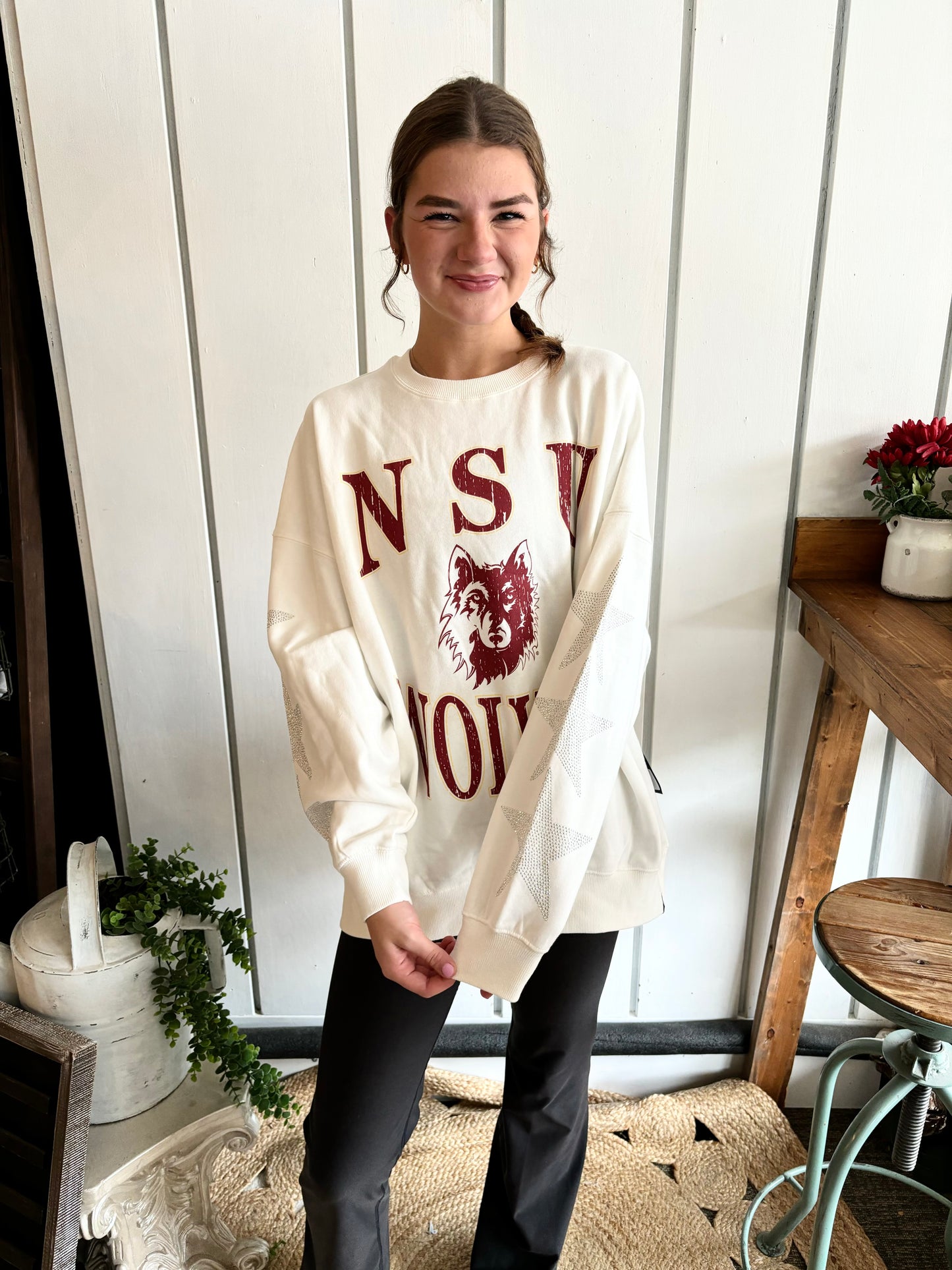 Northern State Wynn Star Sleeve OS Fleece Crew - White