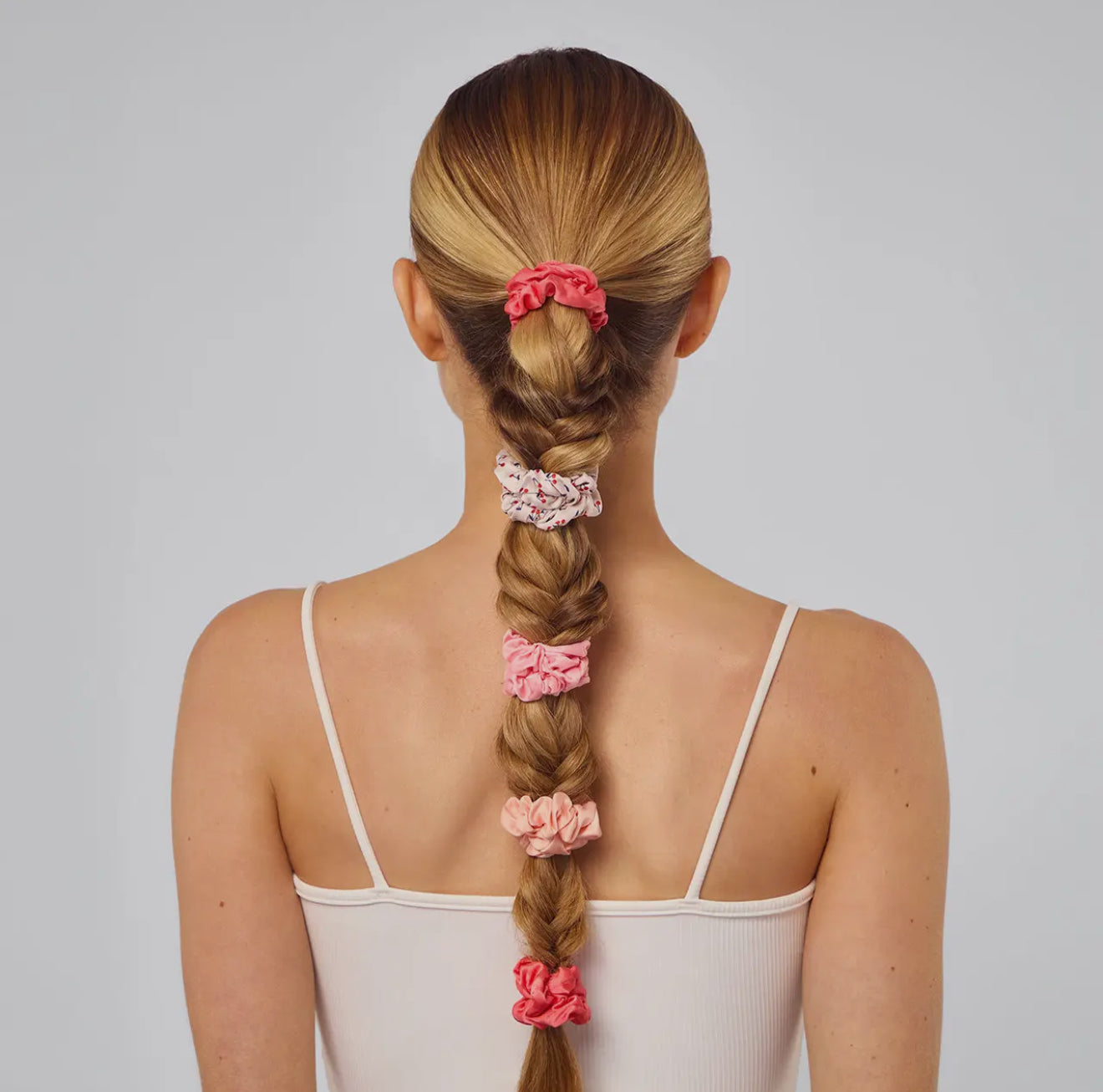 Ruched Satin Scrunchies 5pc Set - Cherry Blossom