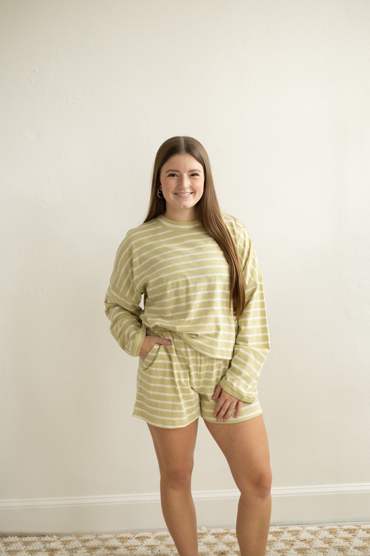 Lettuce Green/White Striped Mock Neck Top
