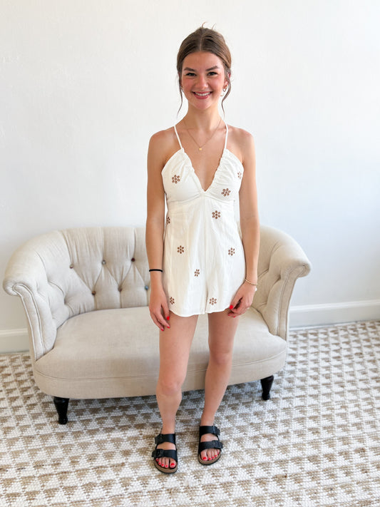 Embroidery Detail Romper - Mocha