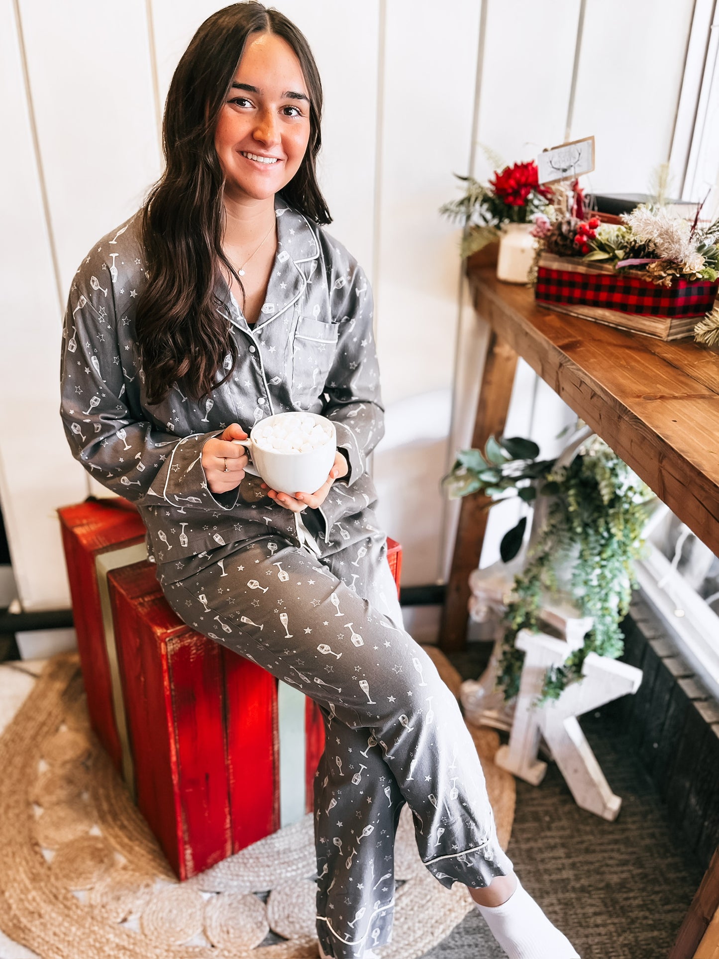Sleep All Day Wine PJ Set - Ash Grey