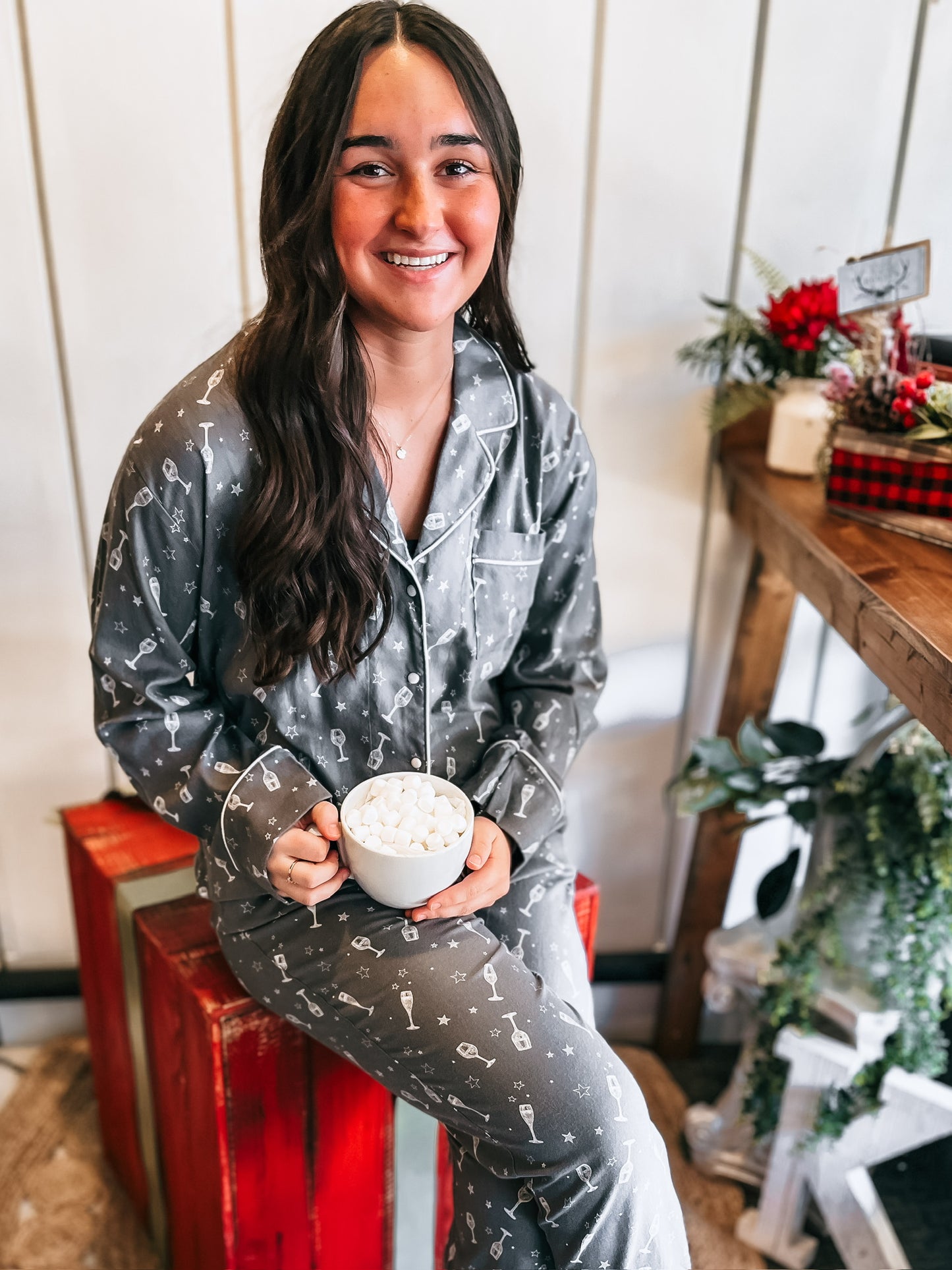Sleep All Day Wine PJ Set - Ash Grey