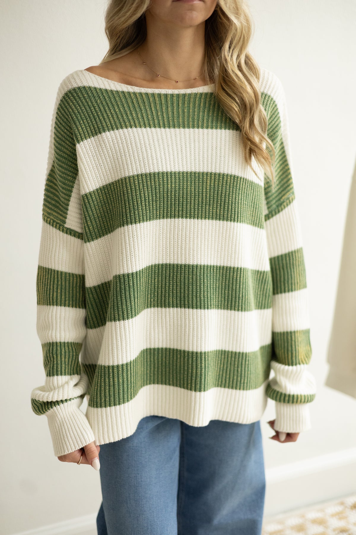 Green/White Striped Boat Neck LS