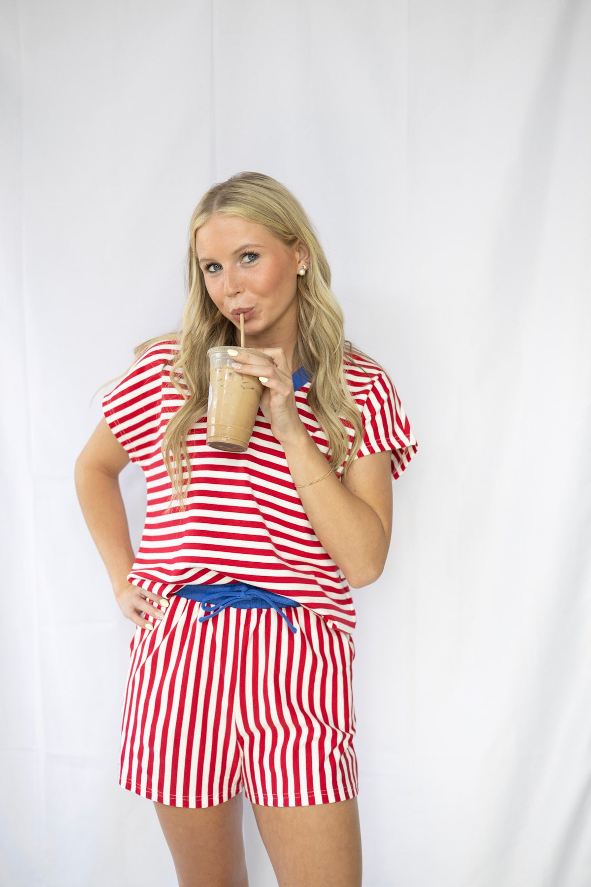 Red Stripe Color Block Short Set