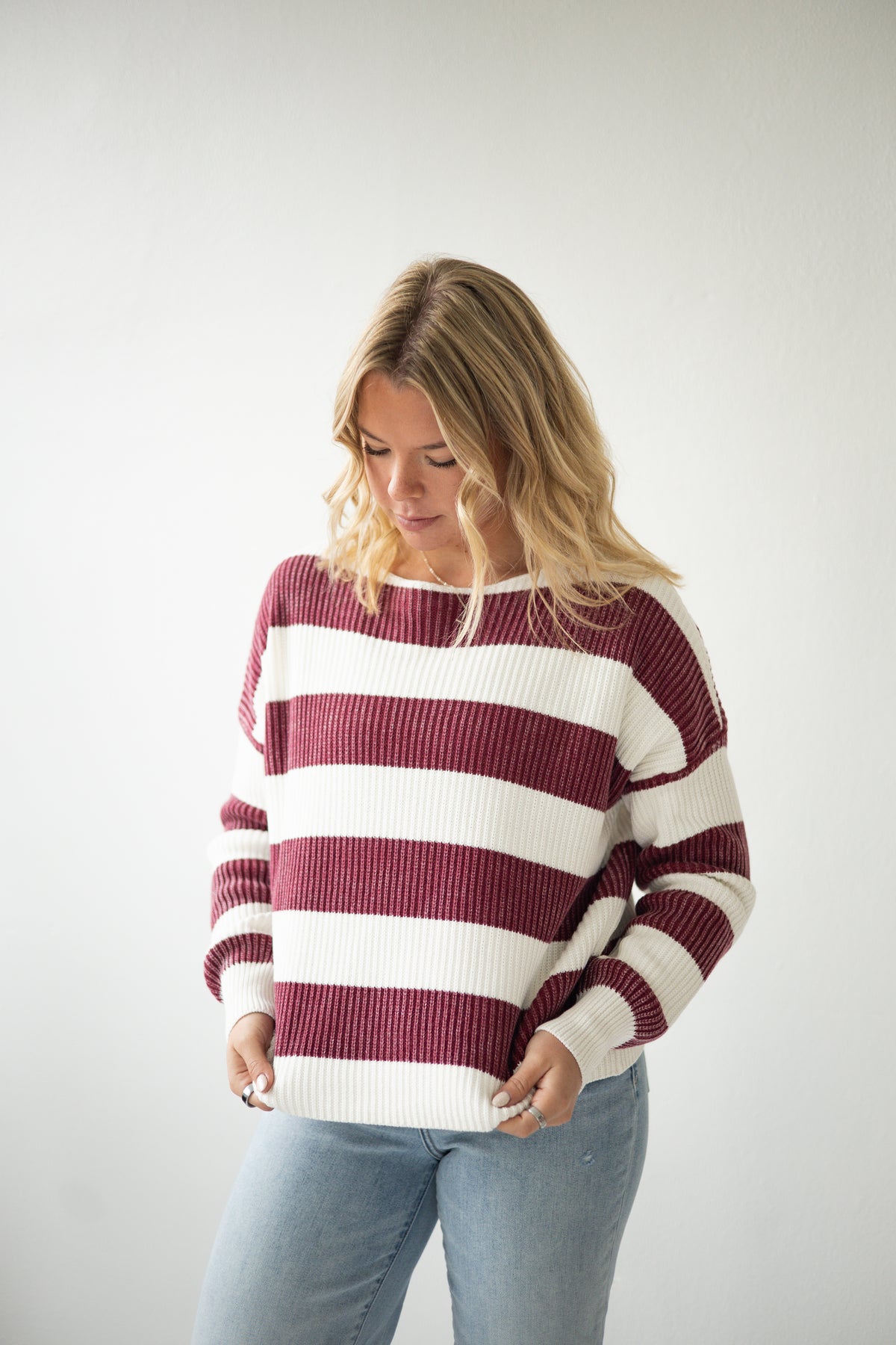 Wine/White Striped Boat Neck LS