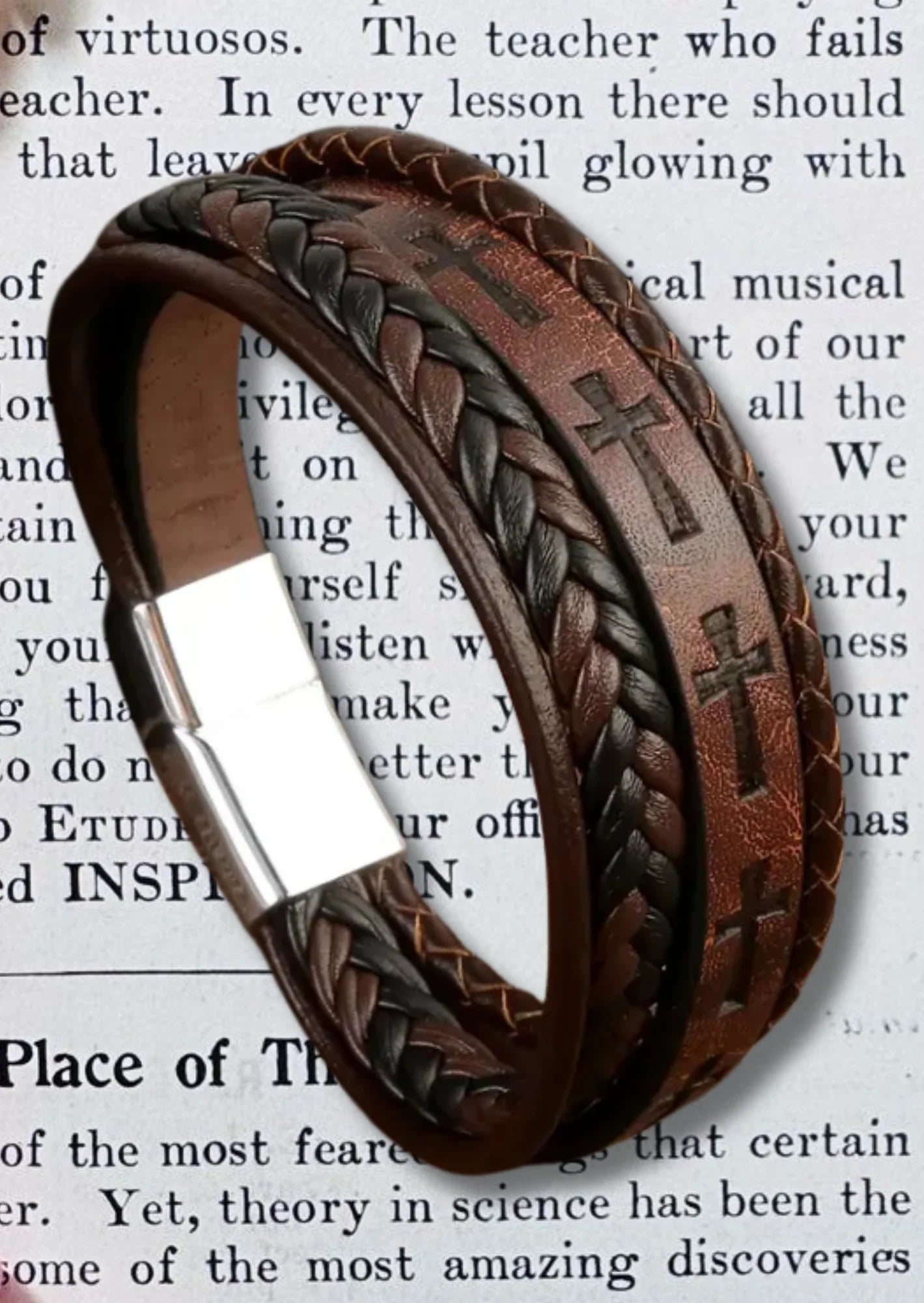 Men's Braided Leather Bracelet w/ Cross Pattern