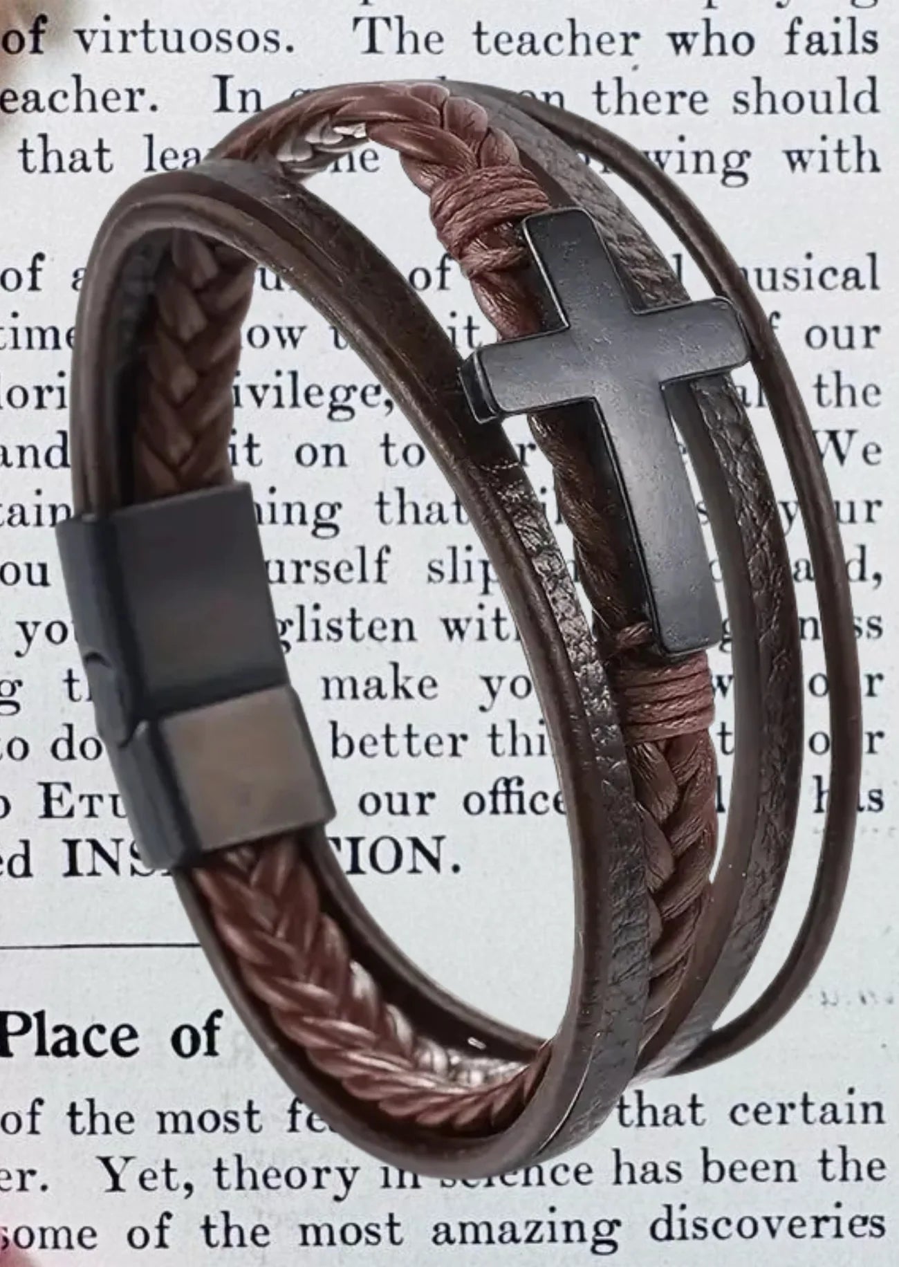 Men's Big Cross Braided Leather Bracelet