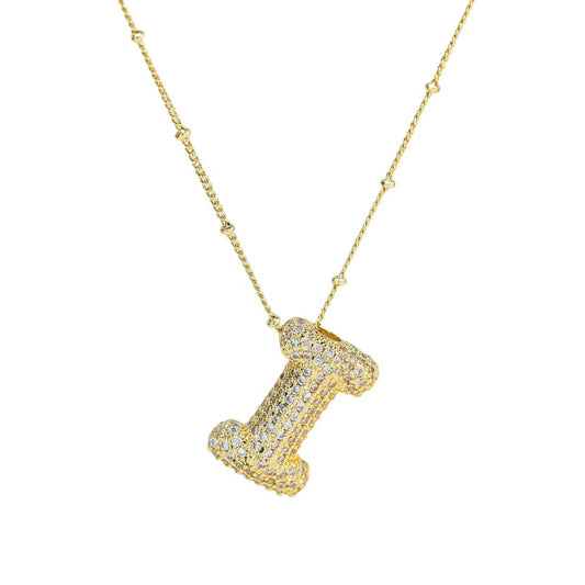 Initial CZ Balloon Bubble 18K Gold Necklace: I