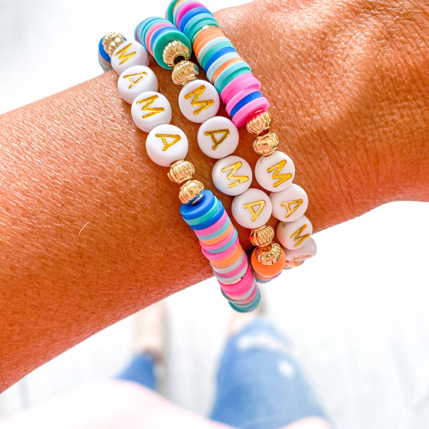Gold Mama + Pinks, Blues, & Orange Heishi Bracelet