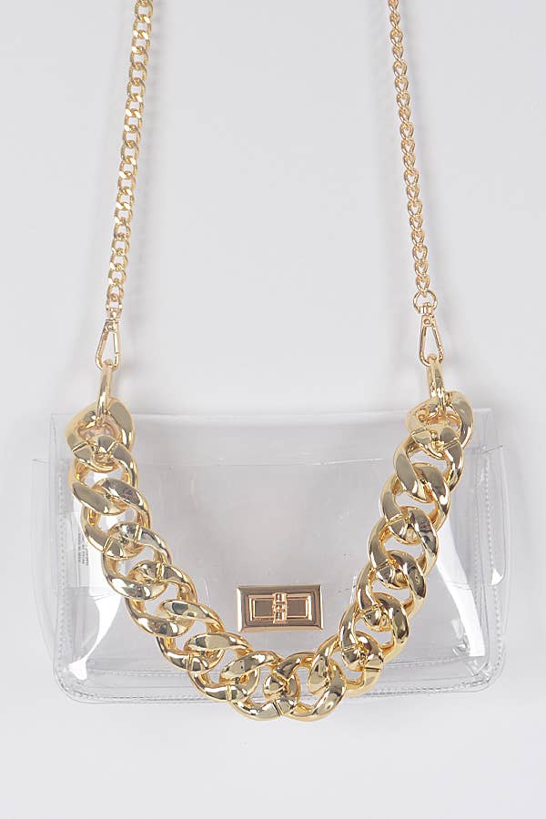 Clear Cross Body Bag W/Oversized Chain - Gold