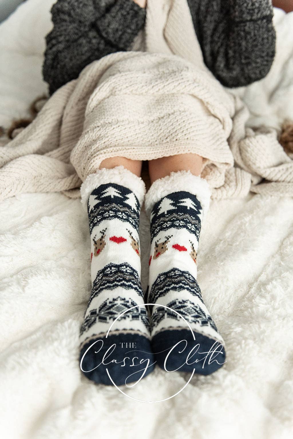 Sherpa Lined Socks - Navy Reindeer