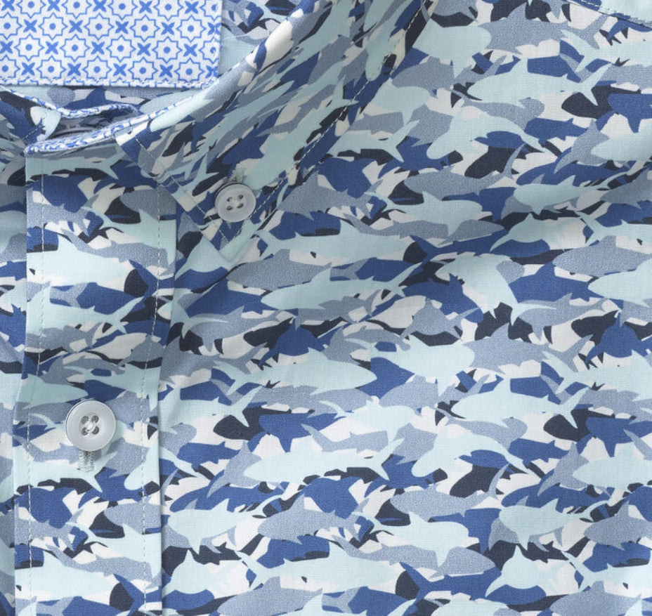 Cotton SS Button Up - Blue Hidden Shark