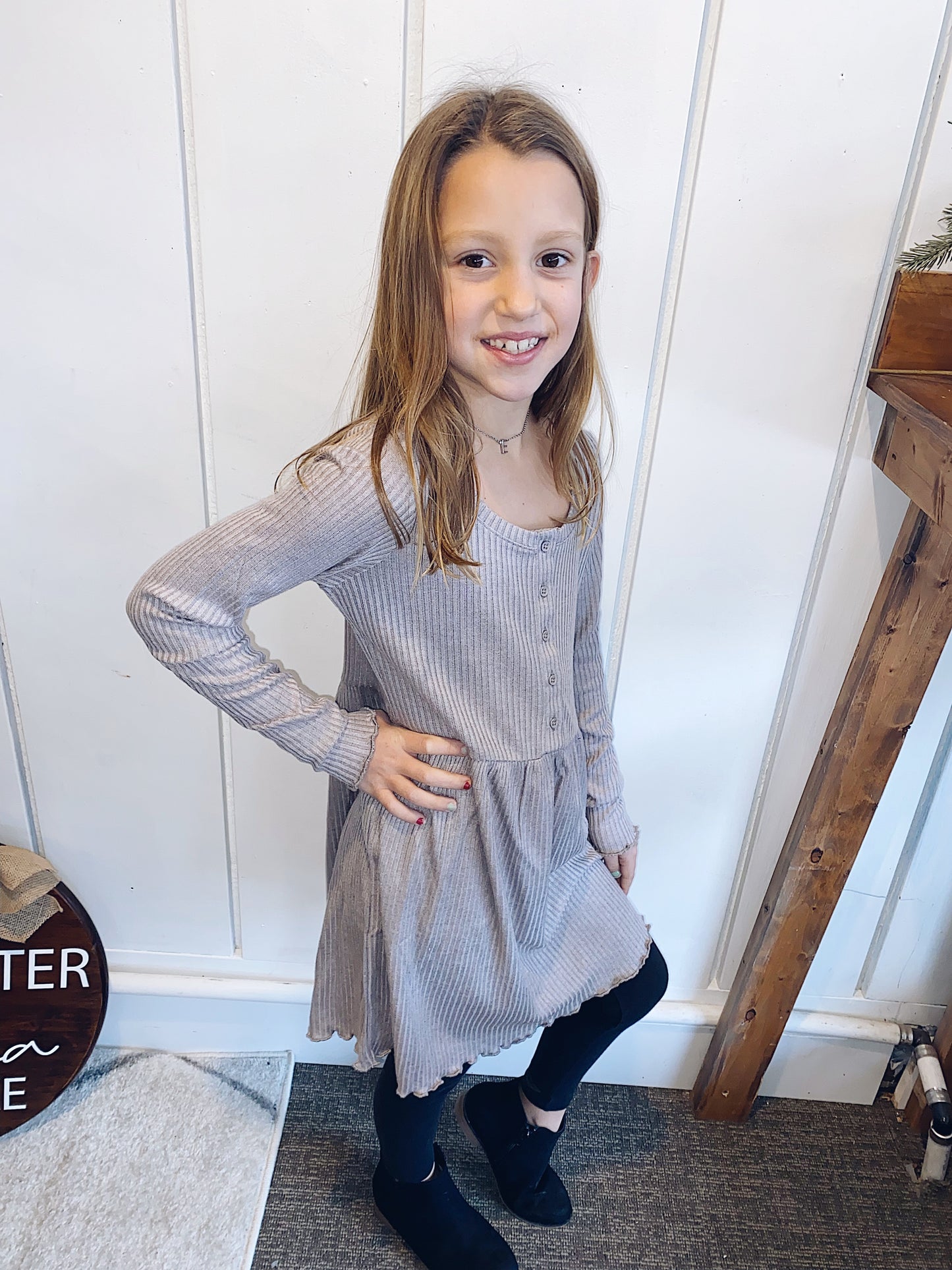 Girls Claire Rib Dress - Ash