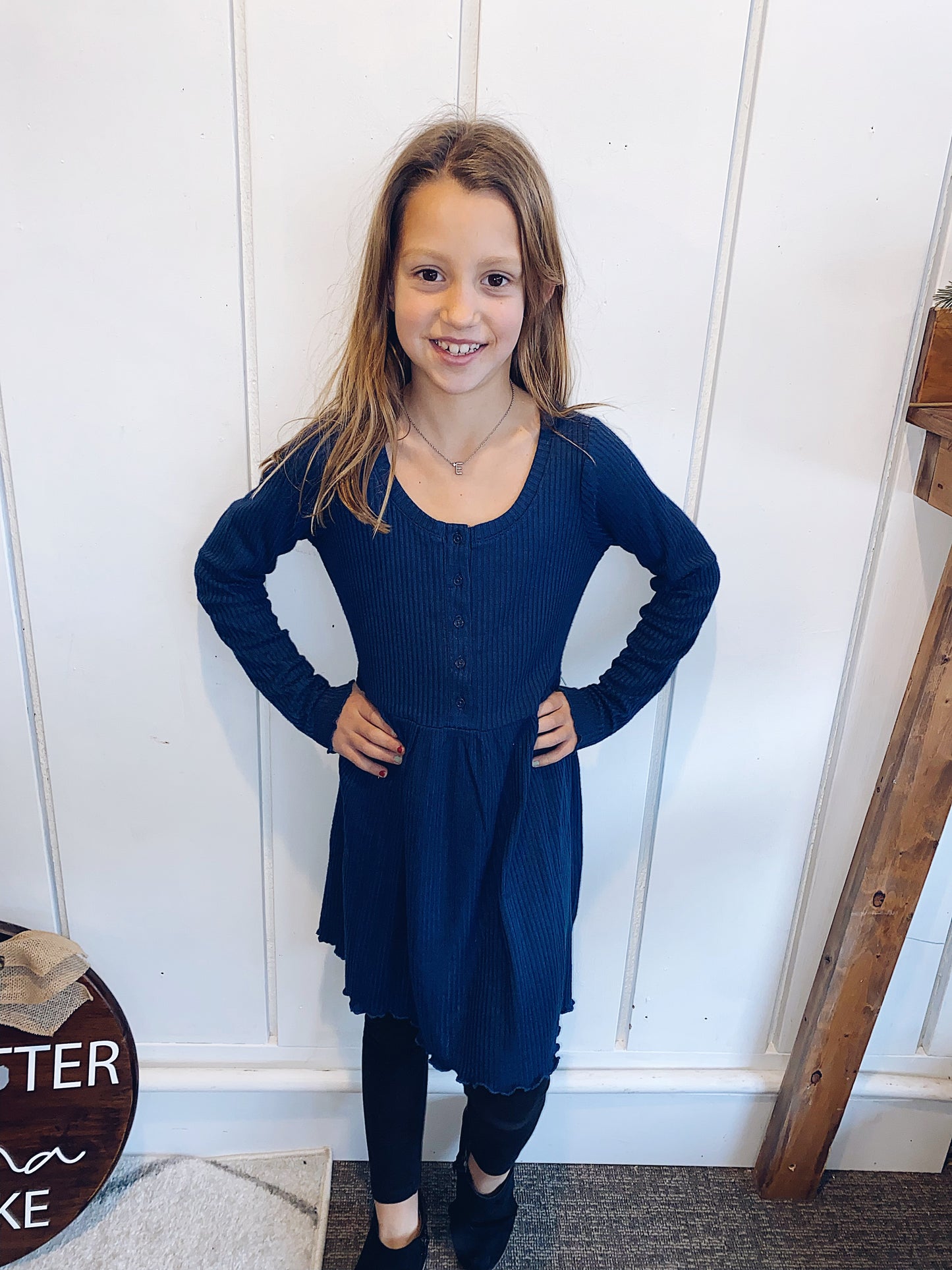 Girls Claire Rib Dress - Midnight Blue