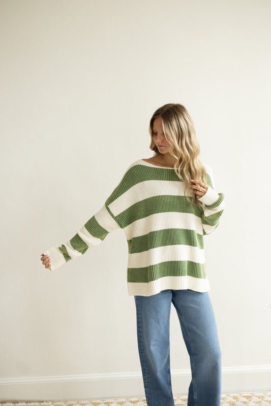 Green/White Striped Boat Neck LS