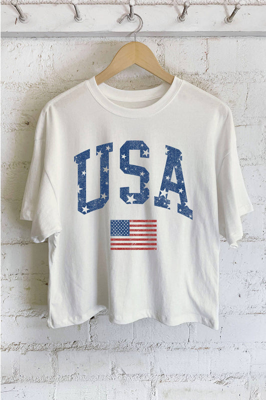 USA FLAG GRAPHIC LONG CROP TOP - NATURAL
