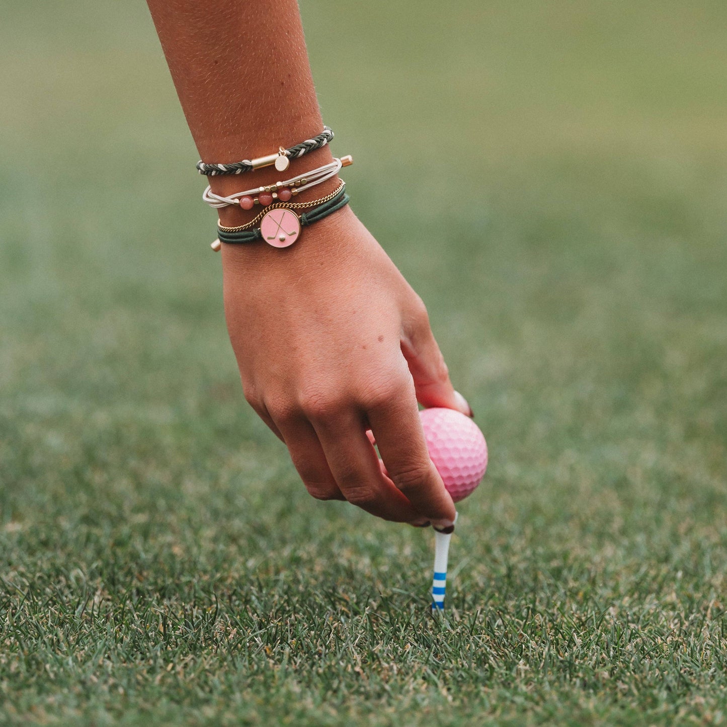 "Tee Time" Green and Pink Hair Tie Bracelets with Removable Ball Marker - Medium