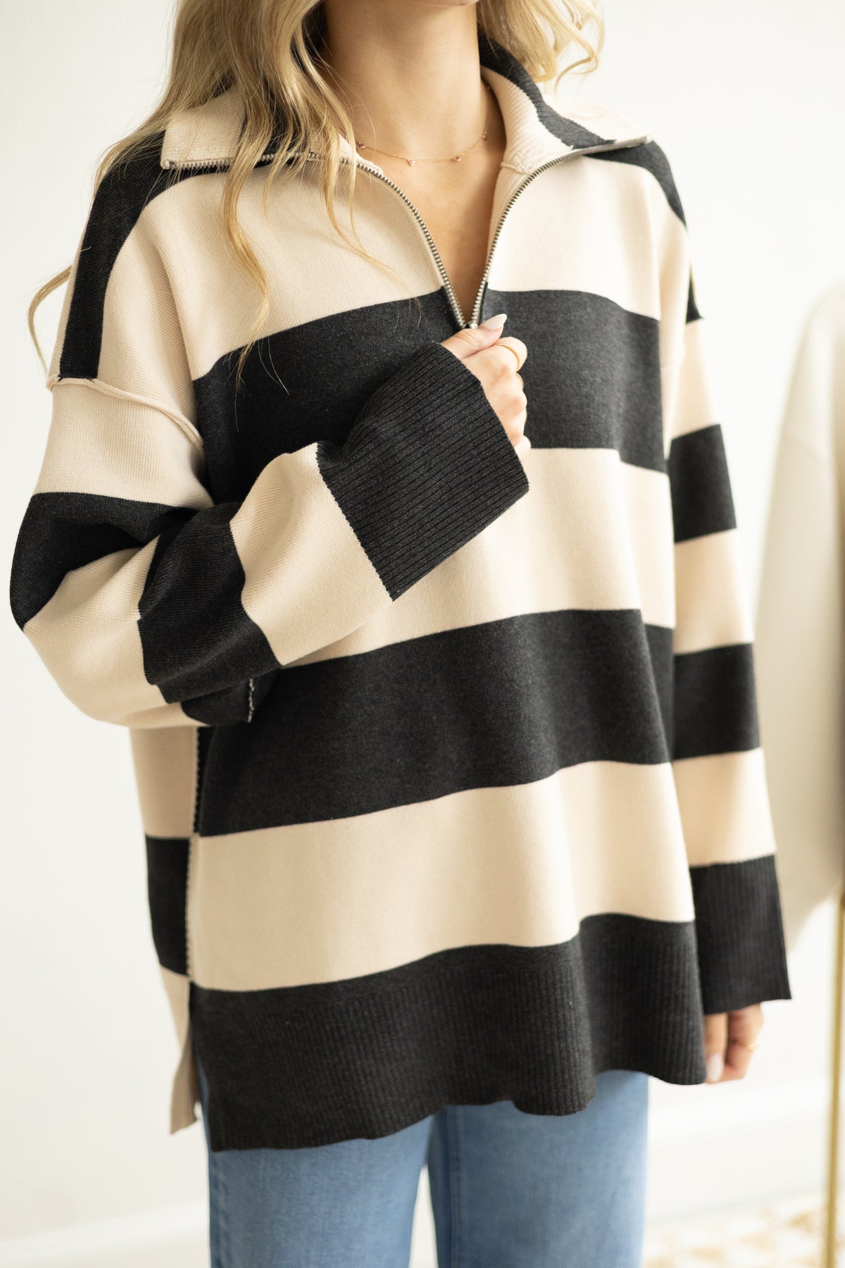 Charcoal/Cream Turtleneck Half Zip Top