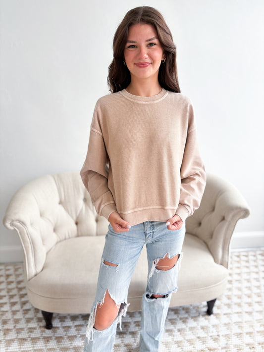 Cropped Thermal Vintage Pullover - Latte