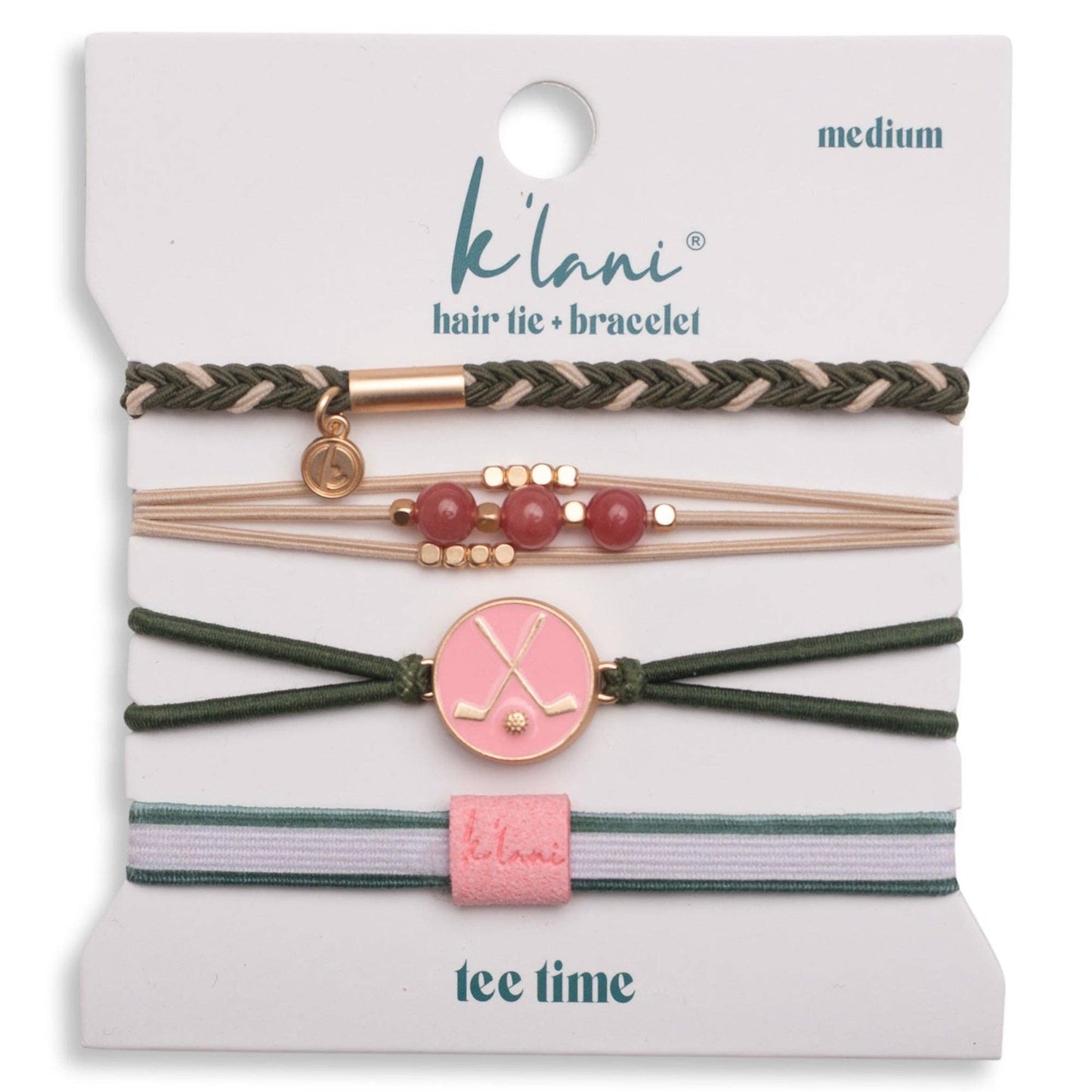 "Tee Time" Green and Pink Hair Tie Bracelets with Removable Ball Marker - Medium