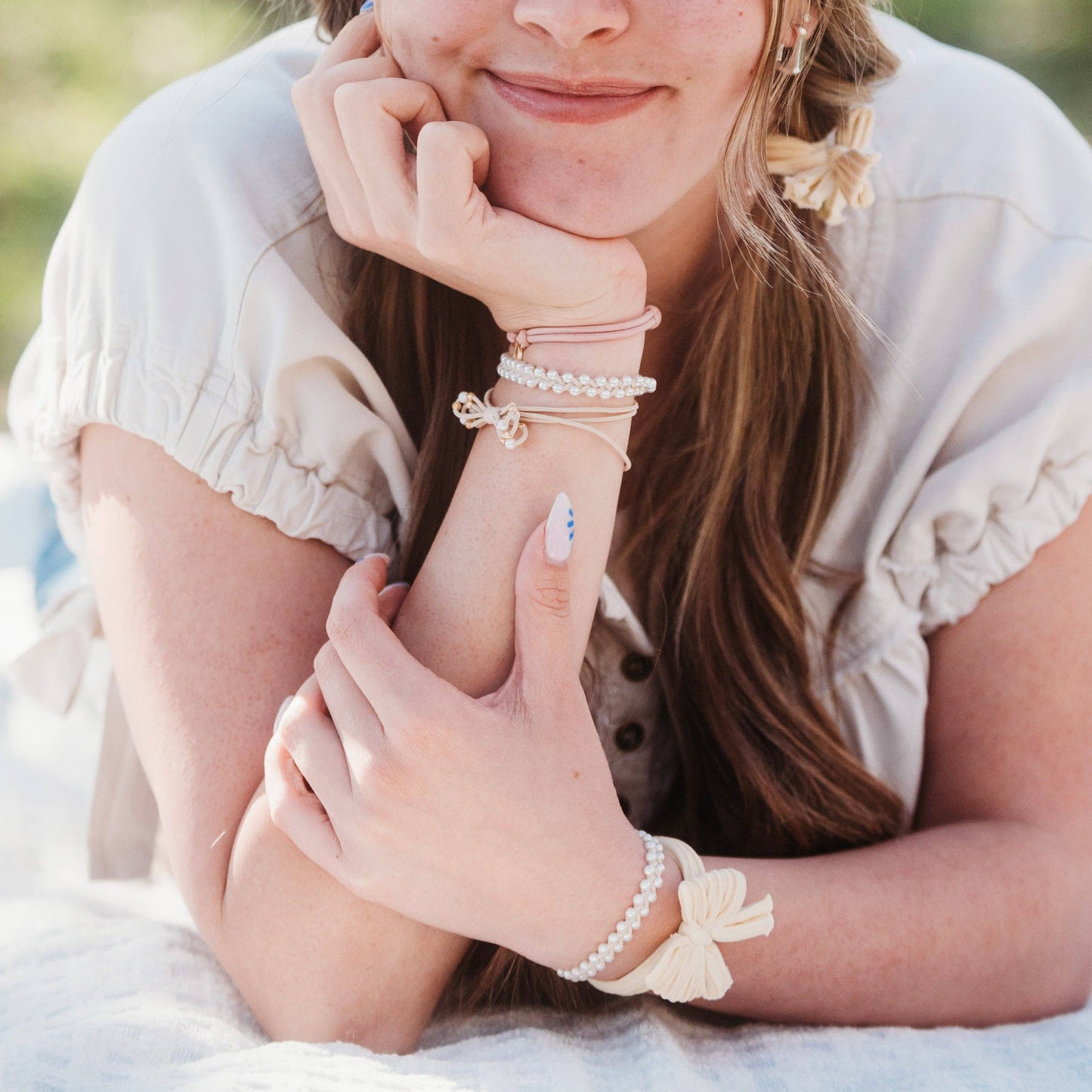 "Grace" Pearls, Gold and Bows Hair Tie Bracelets
