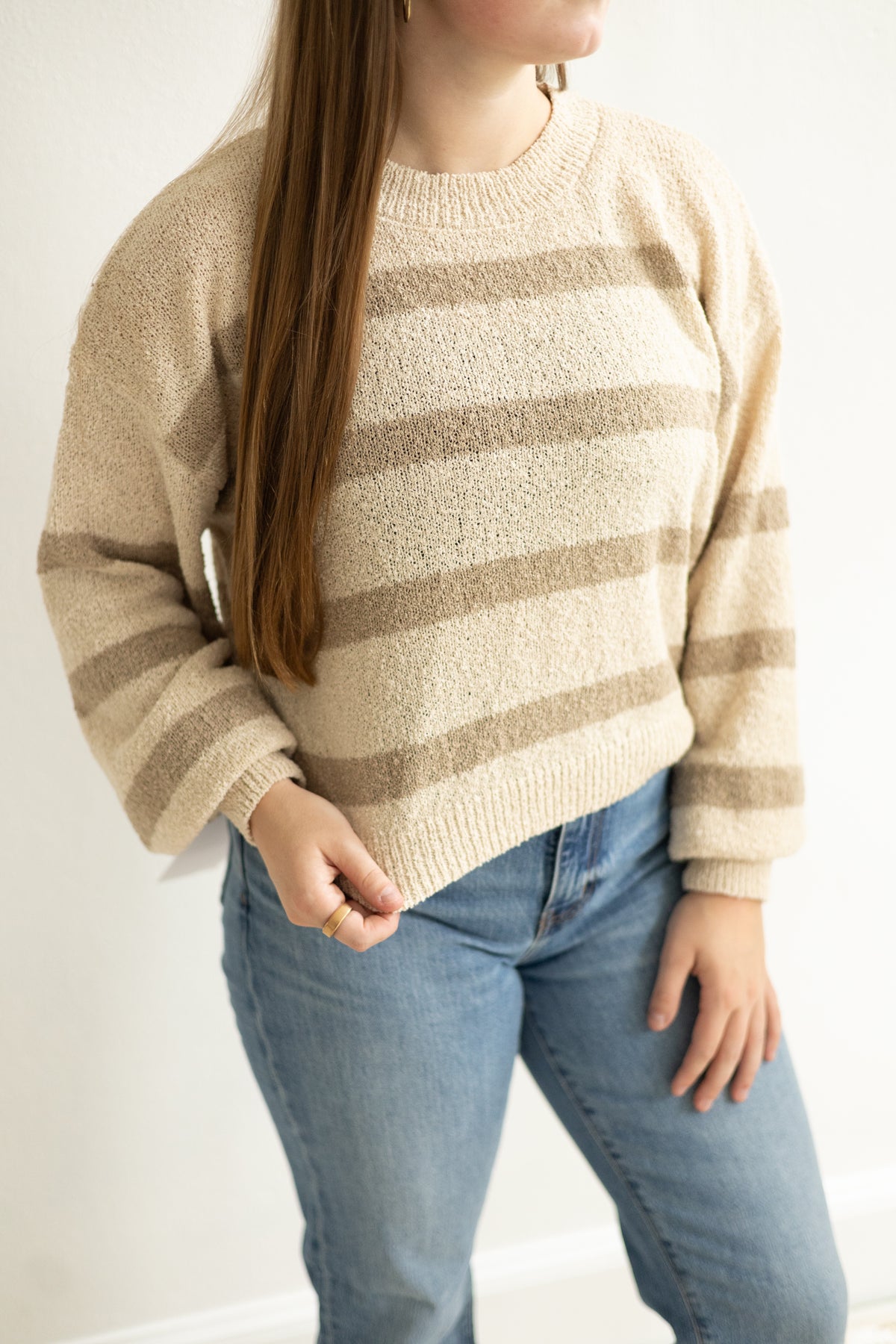 Natural/Mocha Striped Crewneck LS