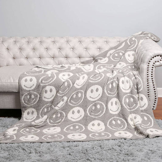 Happy Face Patterned Throw Blanket - Gray