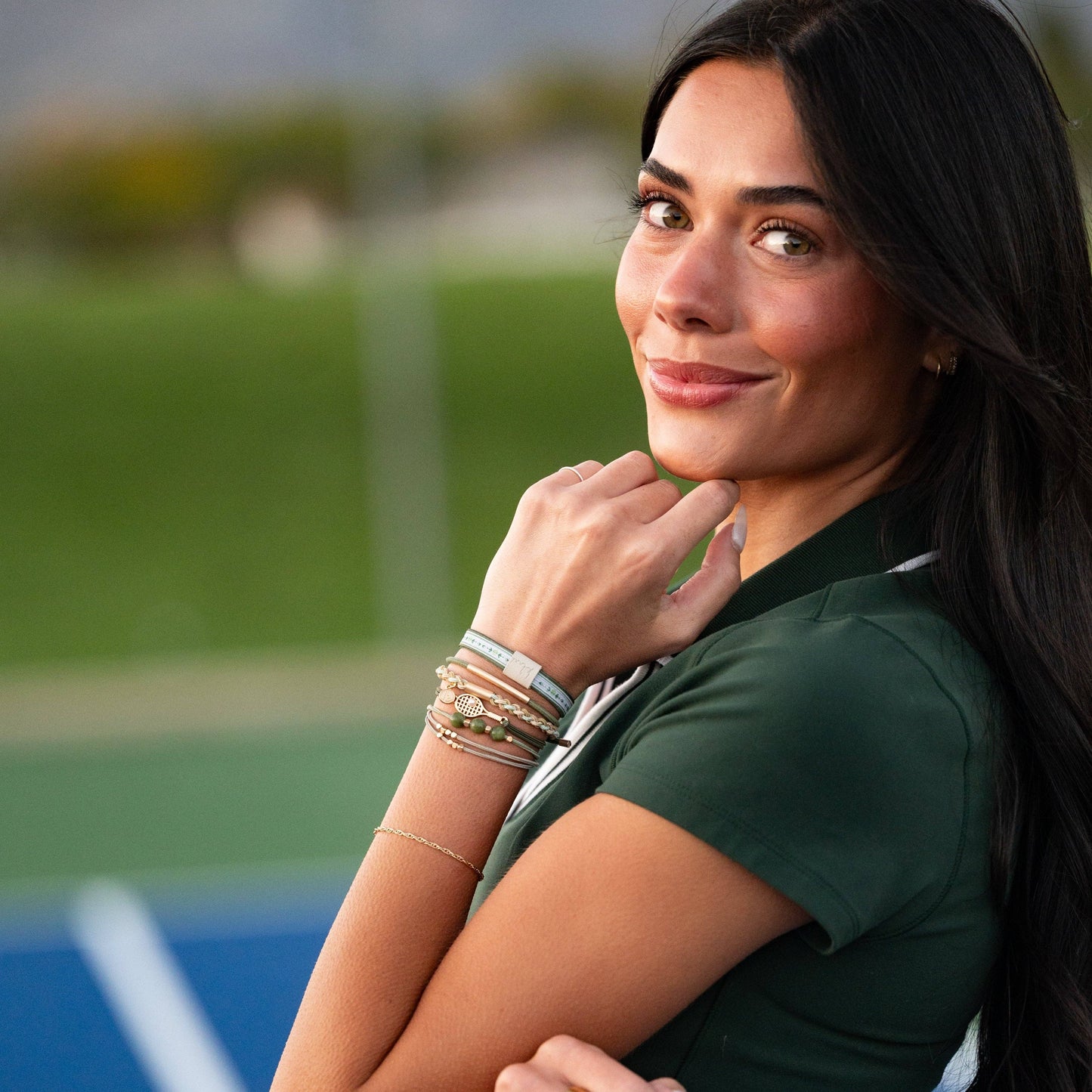 "Ace" Green and Gold Tennis Racket Charm Hair Tie Bracelets - Medium