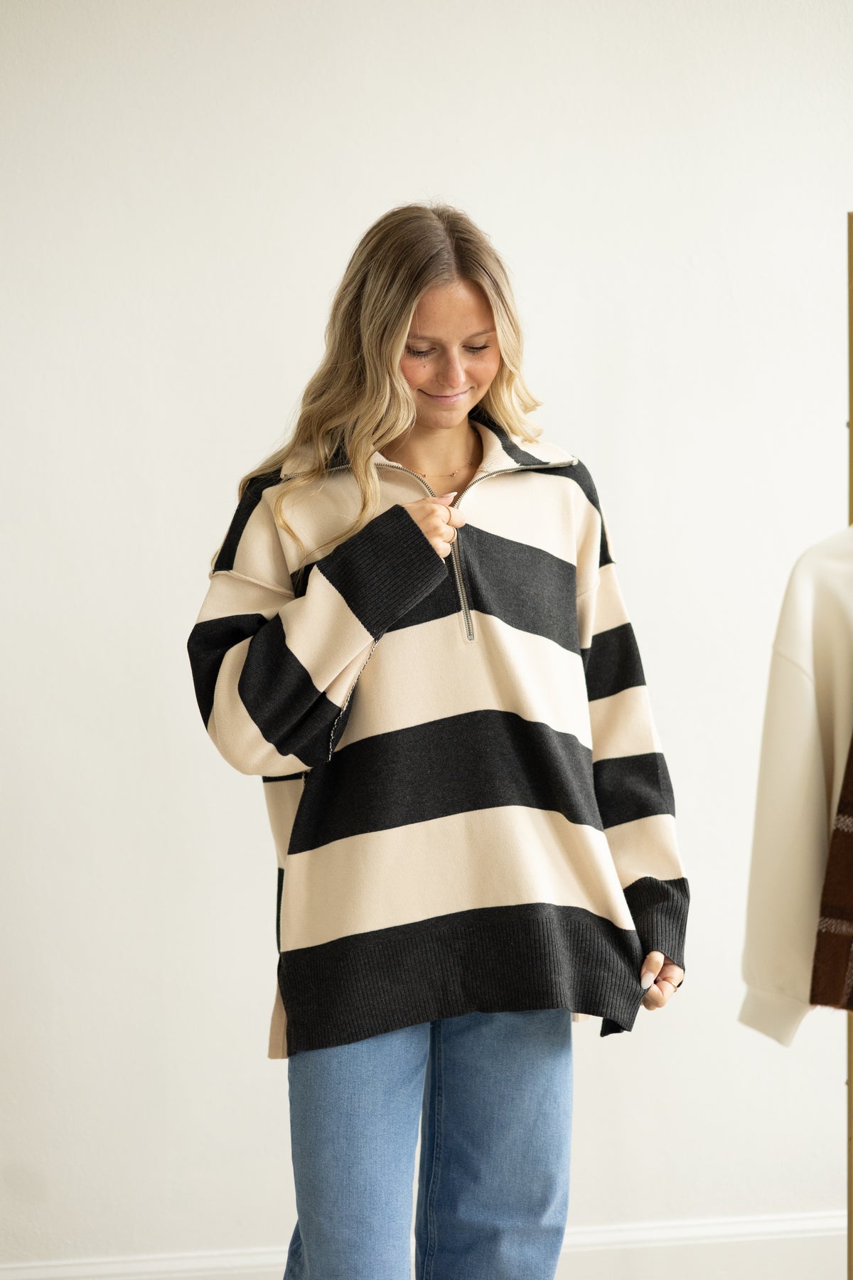 Charcoal/Cream Turtleneck Half Zip Top