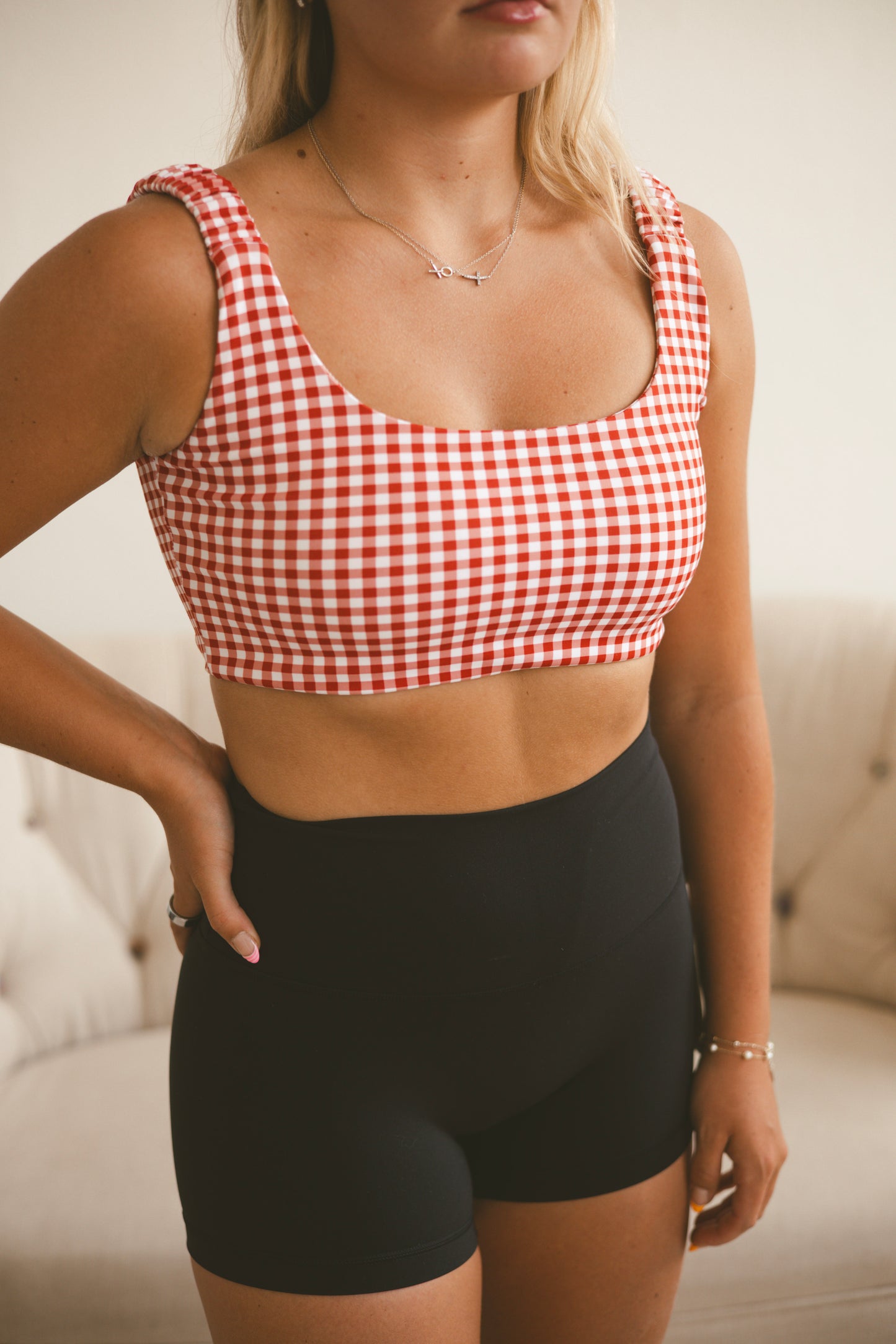 Red Gingham Ruched Sports Bra