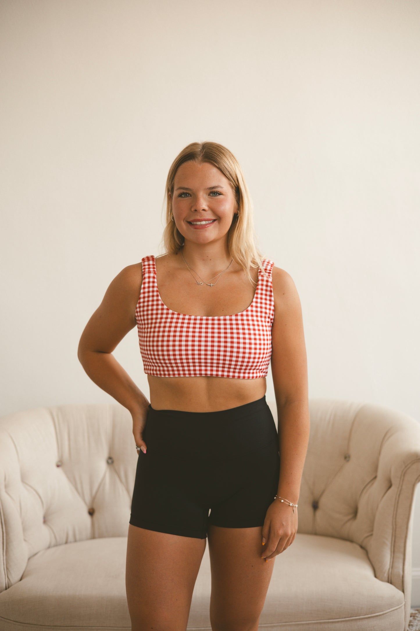 Red Gingham Ruched Sports Bra