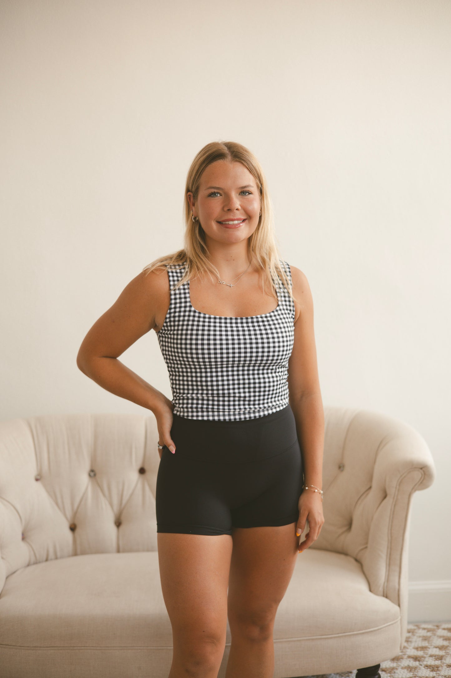 Black Gingham Wide Strap Tank Top