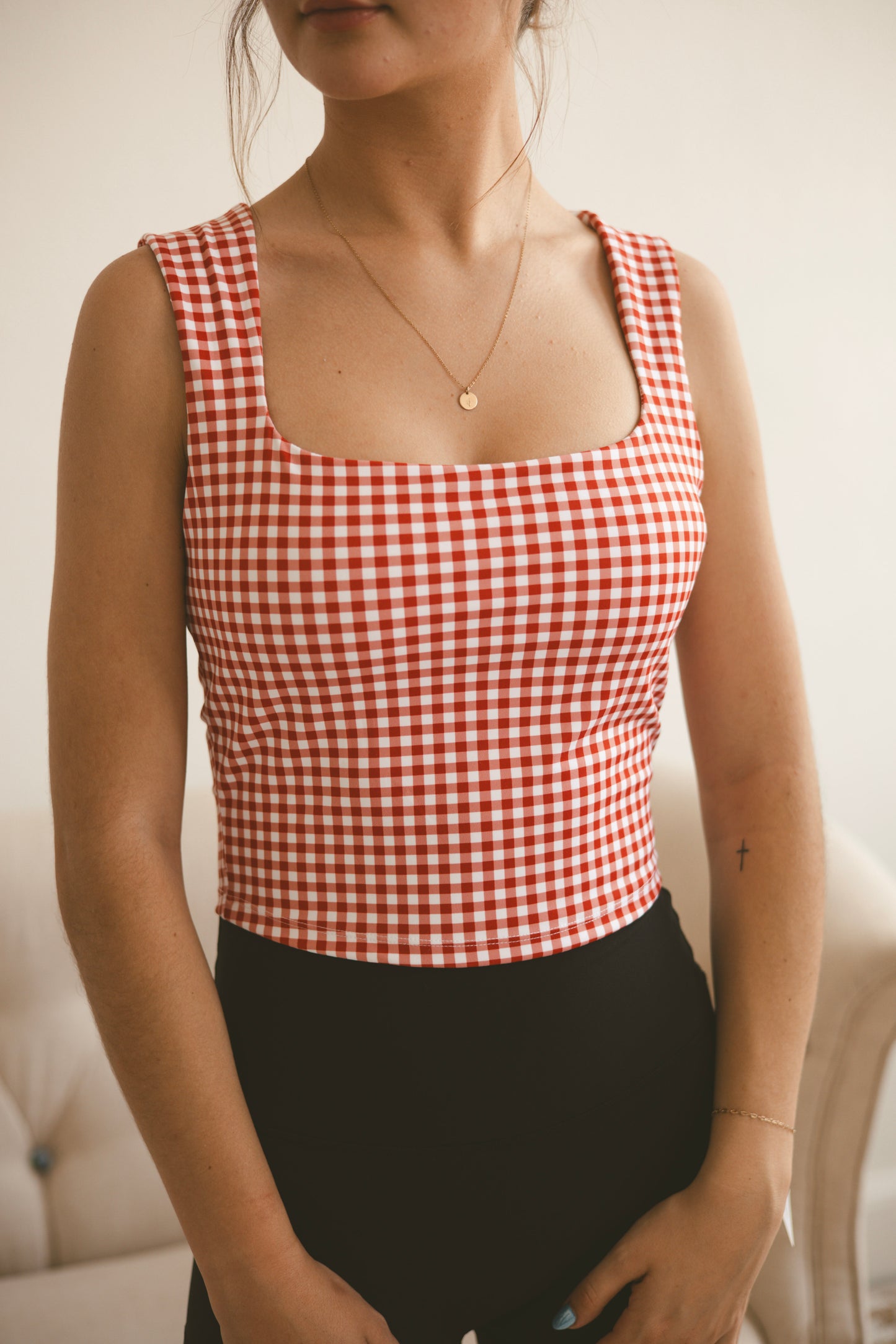 Red Gingham Wide Strap Tank Top
