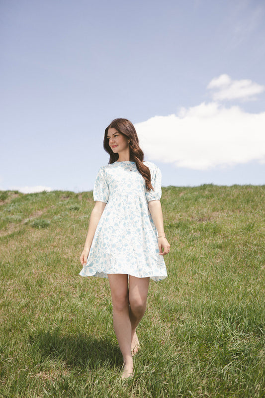 Sky Blue Floral Bow Mini Dress