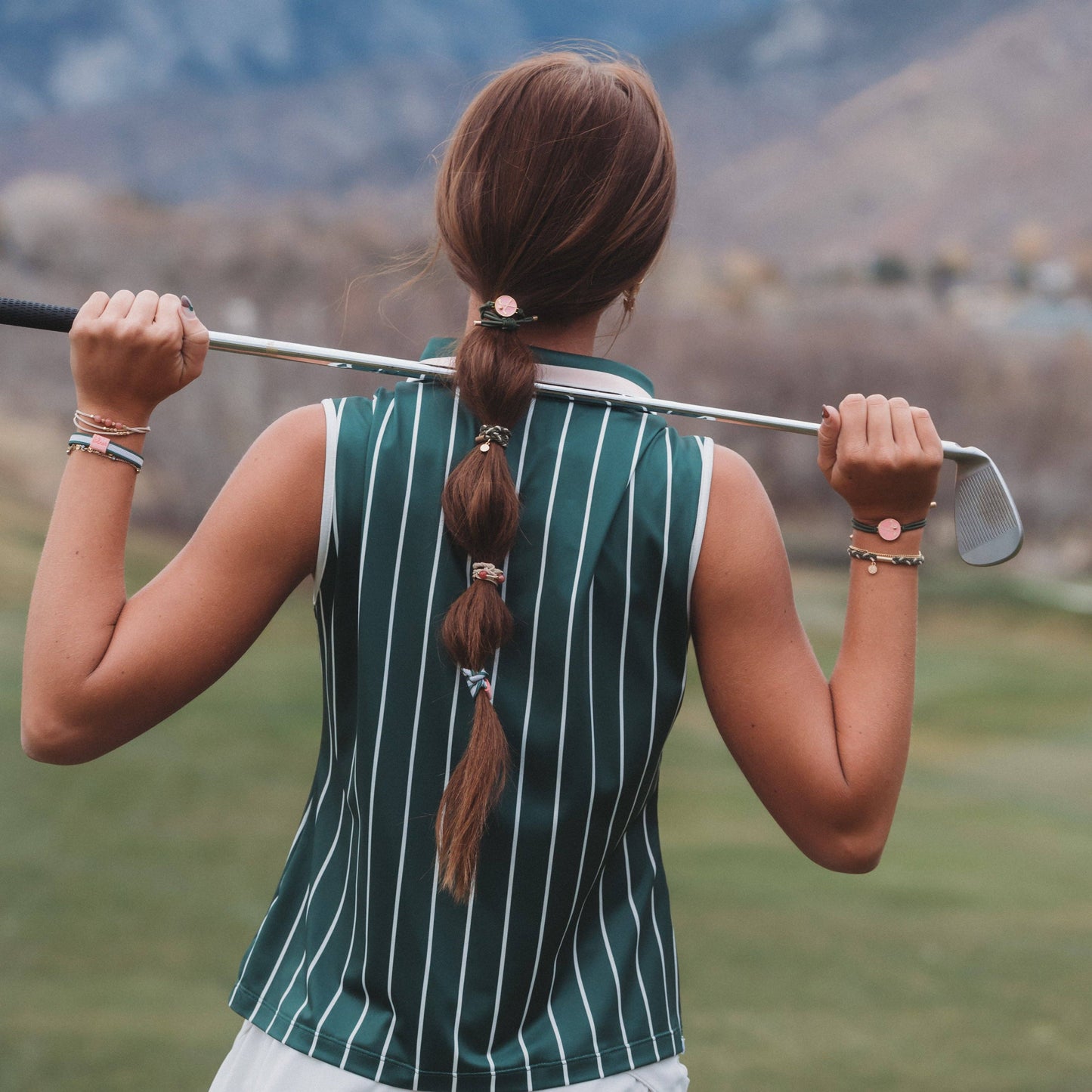 "Tee Time" Green and Pink Hair Tie Bracelets with Removable Ball Marker - Medium