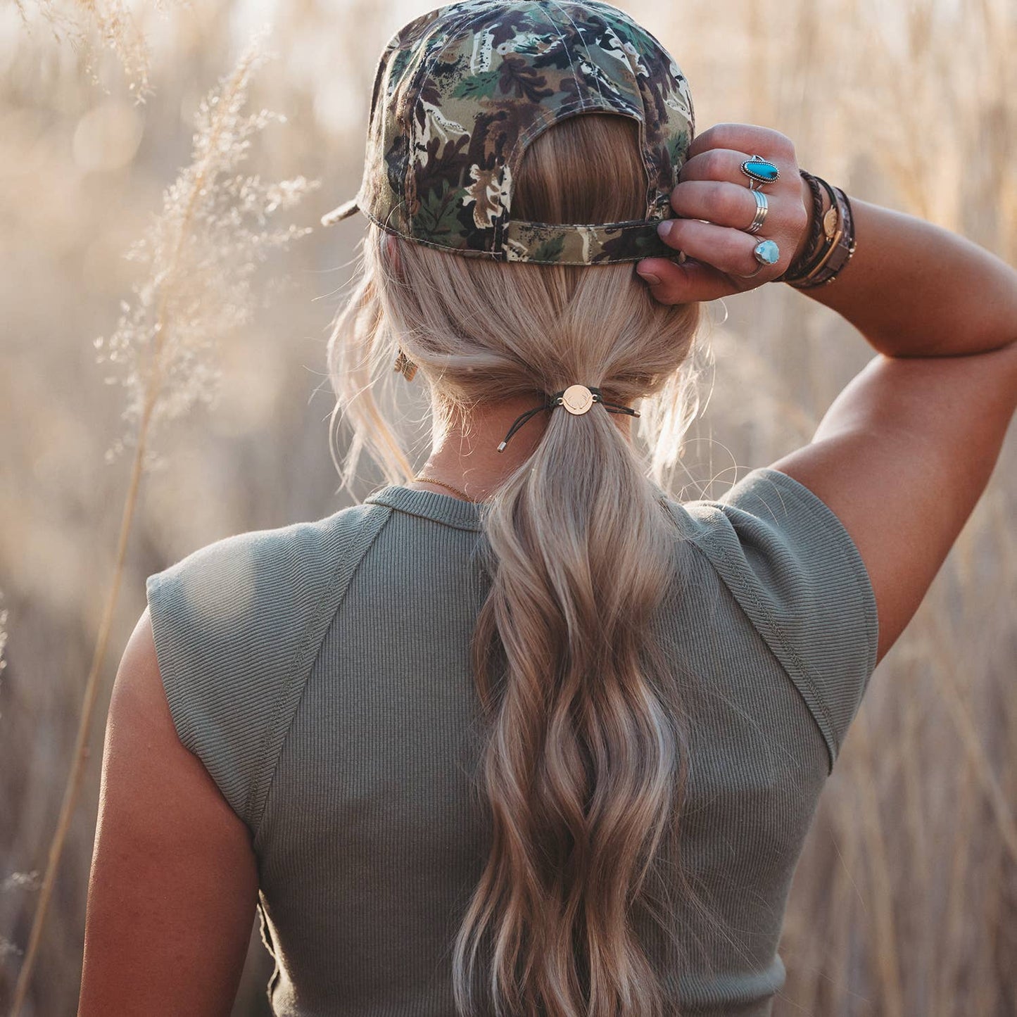 "Adapt" Camo, Gold Charm Antler Hair Tie Bracelet Set