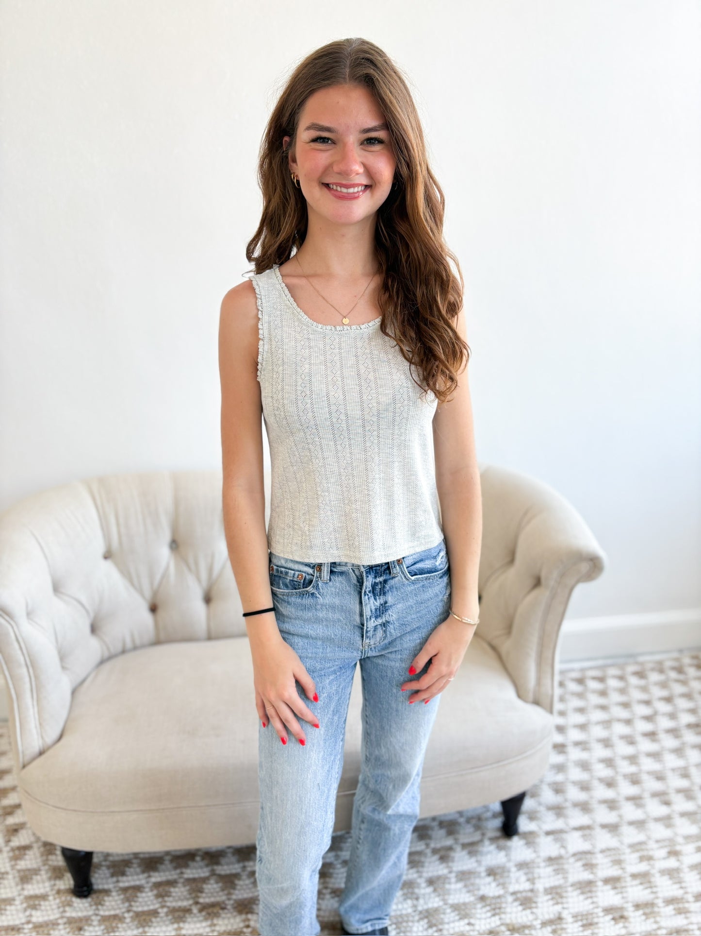 Pointelle Mini Ruffle Tank - Grey