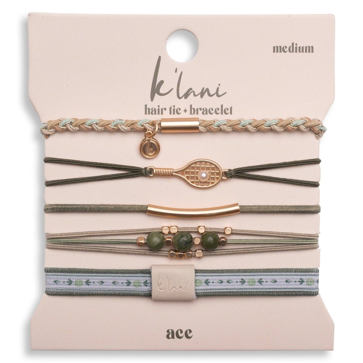 "Ace" Green and Gold Tennis Racket Charm Hair Tie Bracelets - Medium