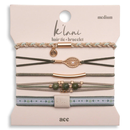 "Ace" Green and Gold Tennis Racket Charm Hair Tie Bracelets - Medium