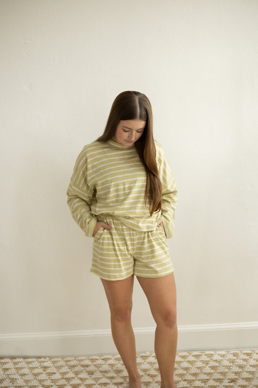 Lettuce Green/White Striped Mock Neck Top