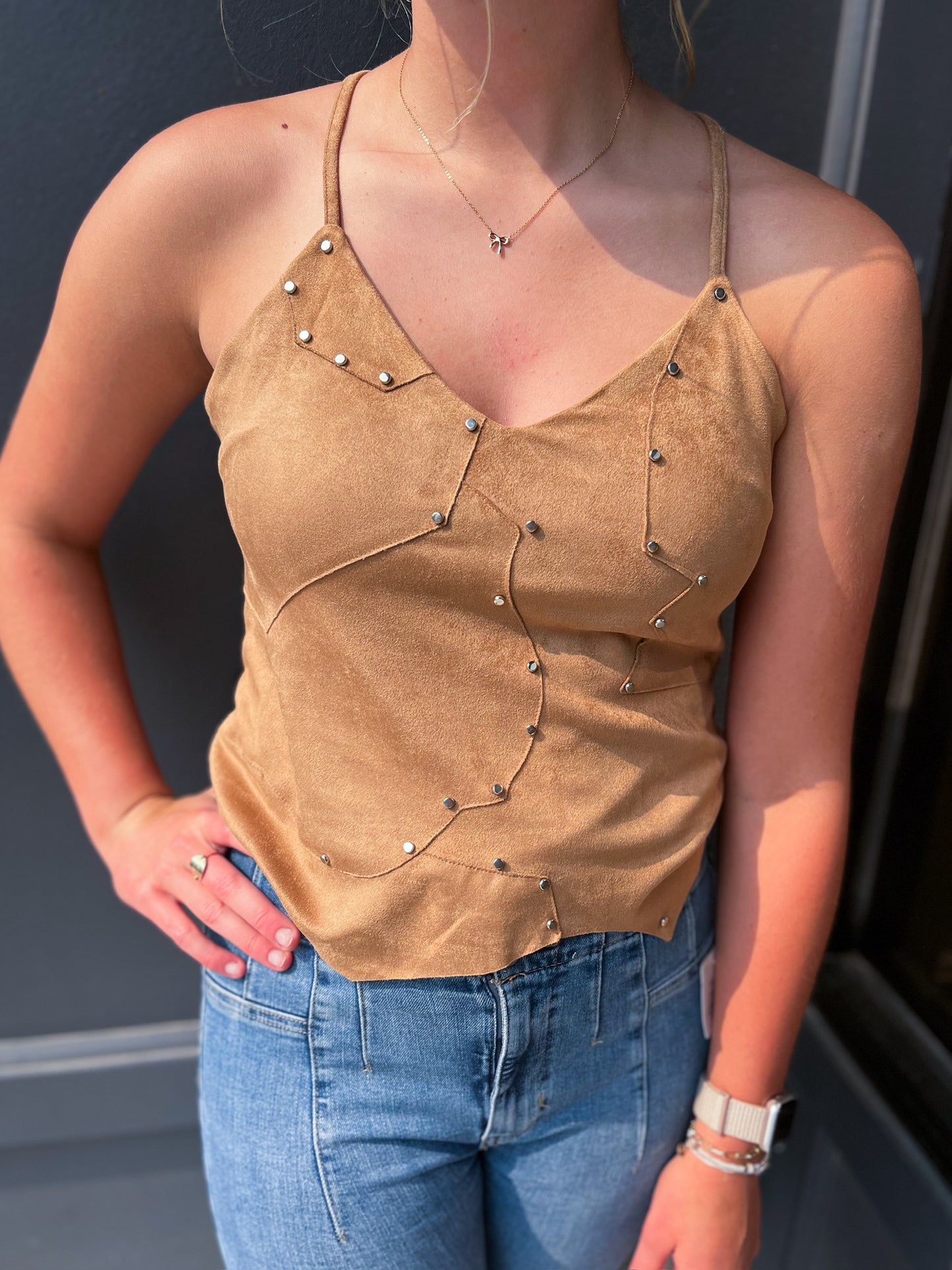 Suede Patchwork Studded Cami - Camel