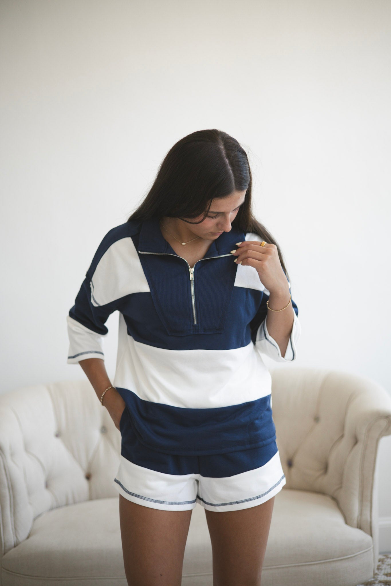 Navy Color Block Shorts Set