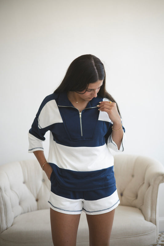 Navy Color Block Shorts Set