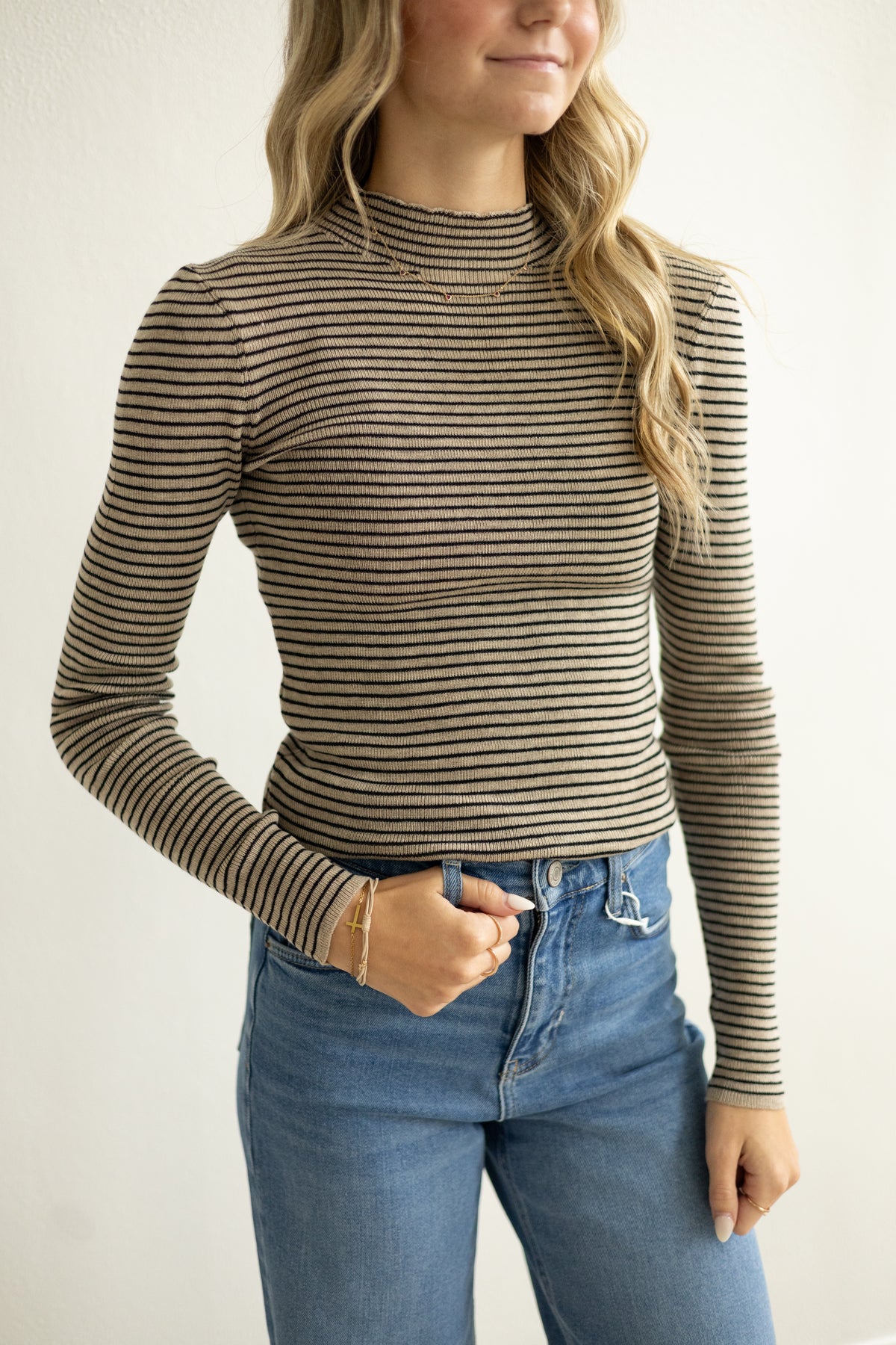Taupe/Black Striped Mock Neck LS